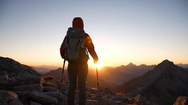 Hiker Standing on Rocky Mountain Peak at Sunset.