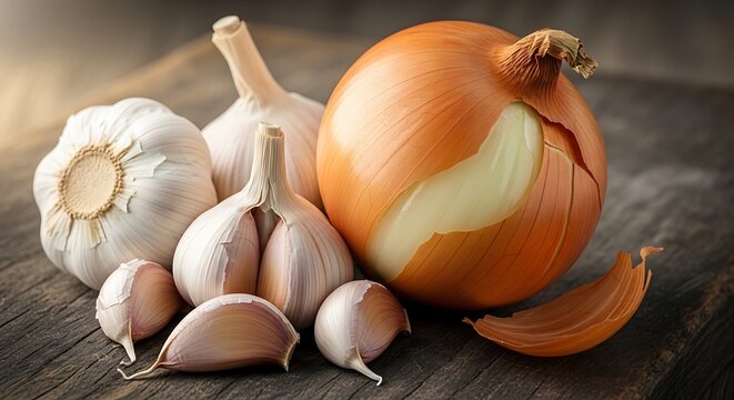 Fresh garlic bulbs and sliced onion on rustic wooden table
