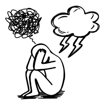 Person sitting in despair with tangled thoughts and storm cloud concept illustration.