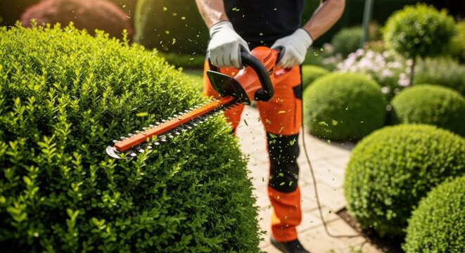 Detail Shot of Worker Shaping Garden Shrubs Using Electric Hedge Trimmer Outdoors
