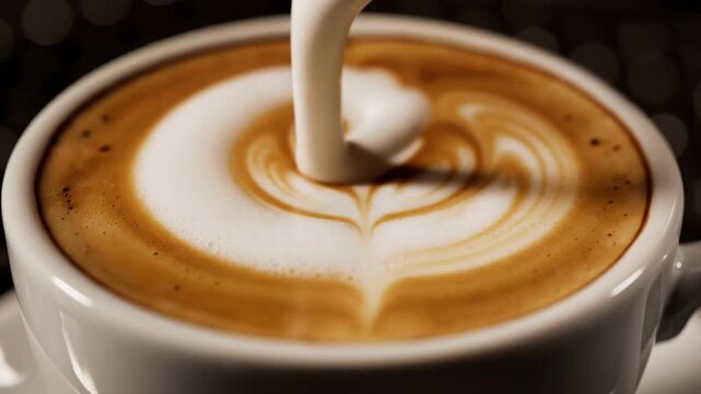 Close-up of latte art being poured into a coffee cup, creating intricate patterns