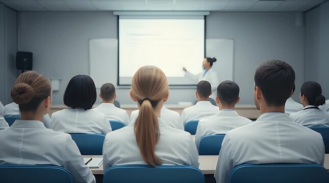 Diverse medical students and healthcare professionals listen to a presenter in a modern lecture hall, engaging with clinical insights on screen and fostering continuous learning and development.