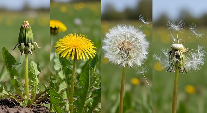 Dandelion flower lifecycle stages growth bloom seed dispersal in meadow