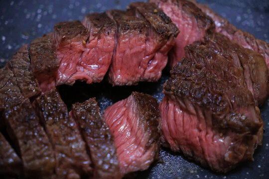 Juicy medium rare beef steak sliced close up on plate