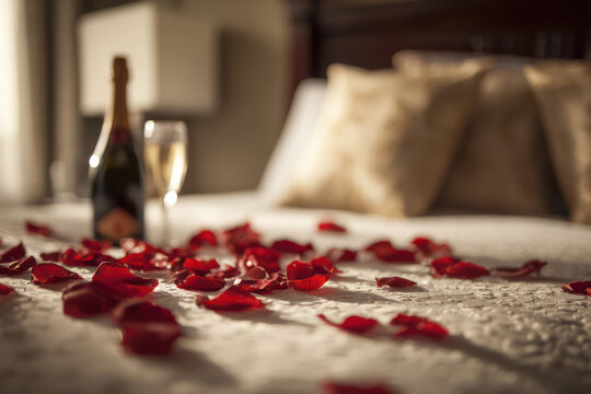 Romantic Red Rose Petals on Bed with Champagne