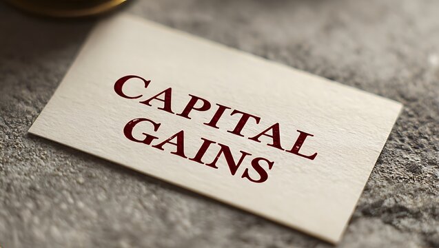 Capital Gains text displayed on card, investment concept, macro photography, finance theme, business, stock market, tax implications, wealth building.
