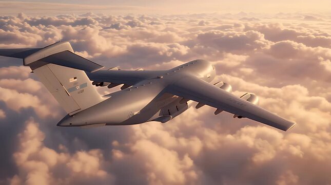 Massive military transport aircraft soaring above fluffy white clouds at sunrise or sunset, highlighting the scale, power, and capability of modern strategic air transport.