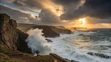 Obraz premium A dramatic seascape with waves crashing against rugged cliffs at sunset