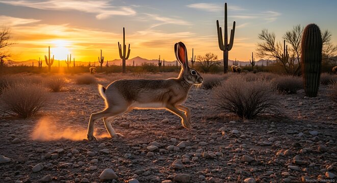 Desert jackrabbit sprinting at sunset among cacti landscape