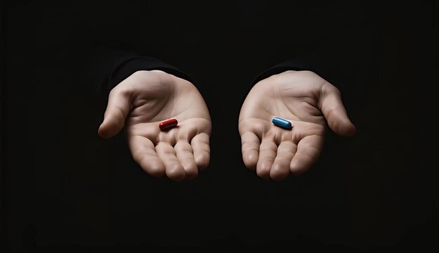 Two hands presented in deep shadow offer a crucial choice between a red pill and a blue pill symbolizing contrasting paths or destiny decisions.