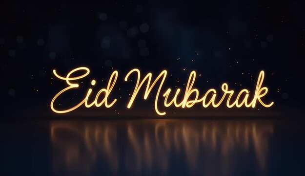 Beautiful glowing calligraphy script spelling eid mubarak in warm orange light illuminates a dark reflective surface creating a festive and spiritual atmosphere for celebration.