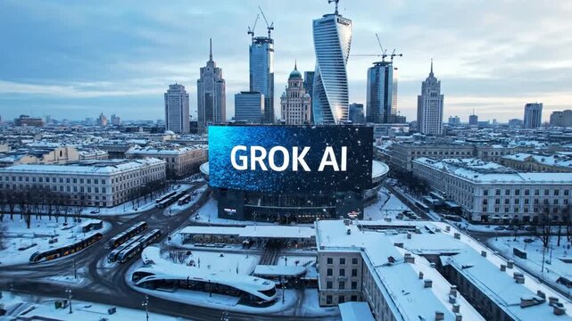 Futuristic Cinematic Cityscape of Kyiv Ukraine featuring Grok Artificial Intelligence Logo Glowing in Night Sky with Slow Motion Digital Technology Visual Concept during Winter January 2026