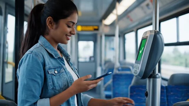 Woman Paying Bus Fare with Mobile Phone.