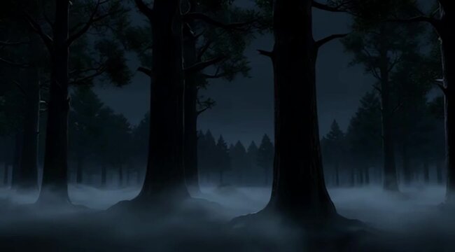Mysterious and atmospheric illustration of a dark forest shrouded in fog at night