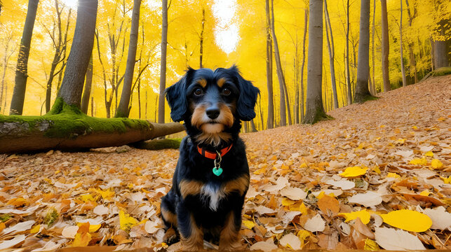 Adventurous doxiepoo explores colorful autumn forest during sunny afternoon
