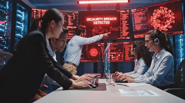 Cinematic slow motion of IT engineering team rushing through high-tech server hub facility to mitigate critical cyberattack security breach in modern data center environment during emergency.