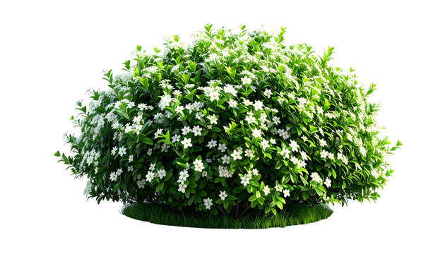 Isolated dense green bush with small white flowers, round shape, transparent background