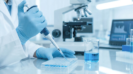 Fototapeta premium Scientist transfers liquid from micropipette to microplate in laboratory setting. Bright workspace with laboratory equipment visible. Concept of biotechnology, research, healthcare