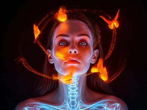 Woman with glowing blue skeleton and butterflies around her face