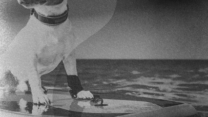 A sturdy dog stands on a surfboard at the calm ocean shore, ready for a water adventure. © hibonaya