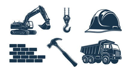 Construction Industry Tools  Equipment Monochromatic Vector Icons Set