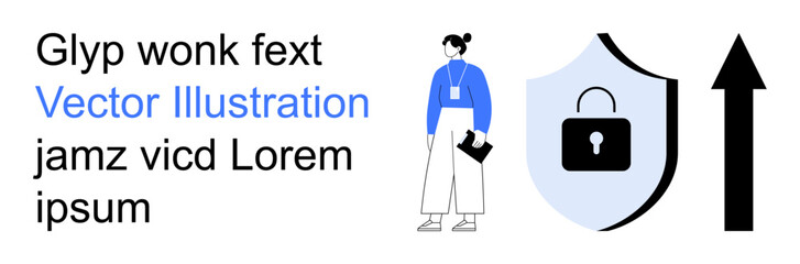 Obraz premium Cybersecurity, career growth, secure data, business success, professional development, data protection. Woman with documents, shield with lock upward arrow. Cybersecurity and career growth concept