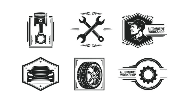 Automotive Workshop Glyph Emblems Set - Car Repair Mechanic Tools  Parts Logos Black  White
