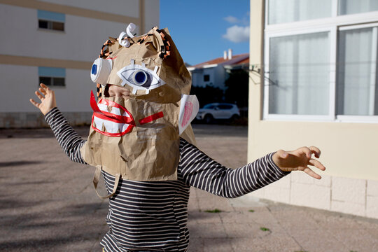 boy in diy monster mask  