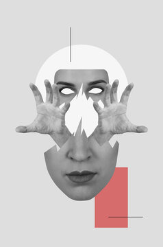 Collage art in surrealism style with woman's face and hands