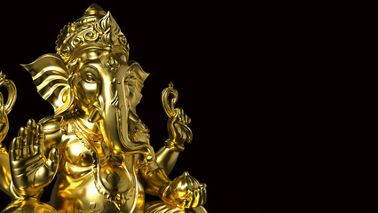 Obraz premium Golden Ganesha Statue on Dark Background 3d render.