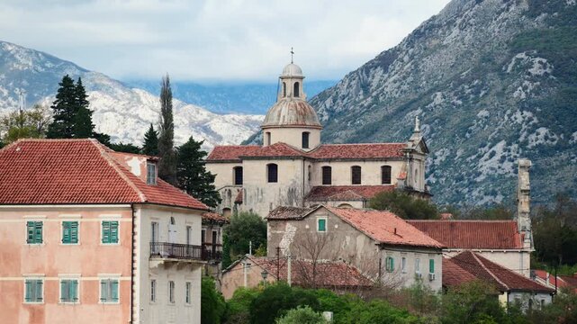Prcanj village showing coastal architecture and the Church of the Nativity of the Blessed Virgin Mary