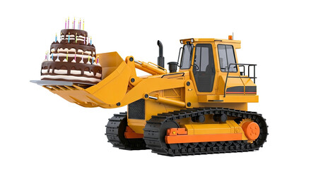 Fototapeta premium Bulldozer delivering a multi-tiered birthday cake with lit candles