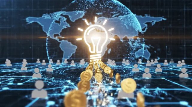 Abstract vector illustration of a digital crowdfunding platform interface featuring financial growth, investment collaboration, and cinematic technology design for business fundraising