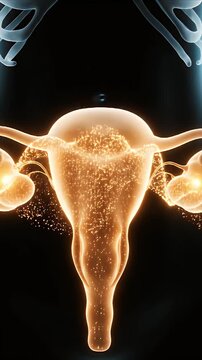 Digital 3D animation of the female reproductive system showing ovaries fallopian tubes uterus and cervix with glowing