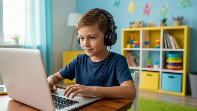 Caucasian kid with headset using laptop for online education and digital skill development at home, 2025 12 17T15 18 34 generation dtd4
