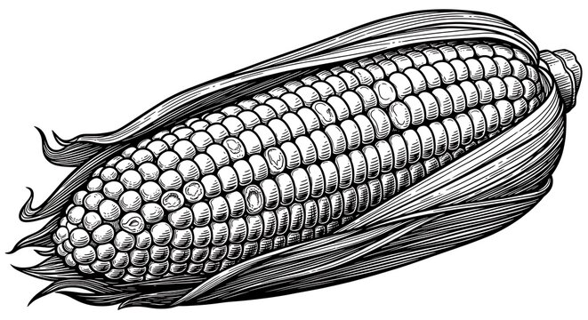 Detailed monochrome illustration of a fresh ear of corn with husk and kernels