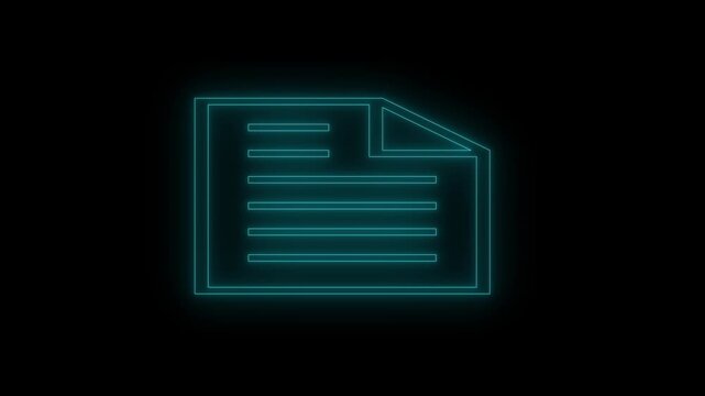 Cyan neon outline of a document icon with horizontal lines on a animated black background file