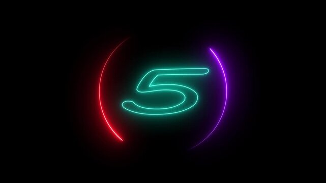 Glowing teal neon number 5 within a purple and red neon circular border on a animated black backdrop