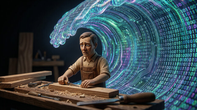 Thoughtful craftsman faces digital wave in a conceptual technology setting