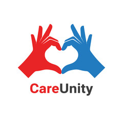 Fototapeta premium Stylized emblem featuring a heart formed by red and blue hands, text below