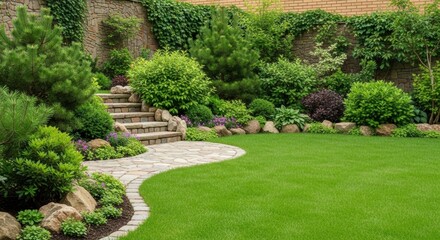 Obraz premium Lush Landscaped Garden Path with Stone Steps and Manicured Green Lawn