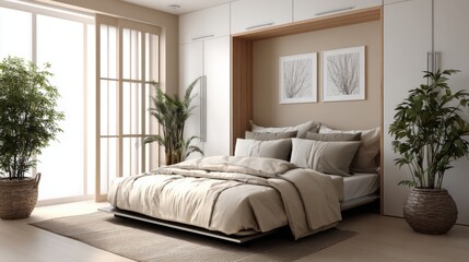 Fototapeta premium Cozy Modern Bedroom with Natural Light and Green Plants for Serenity