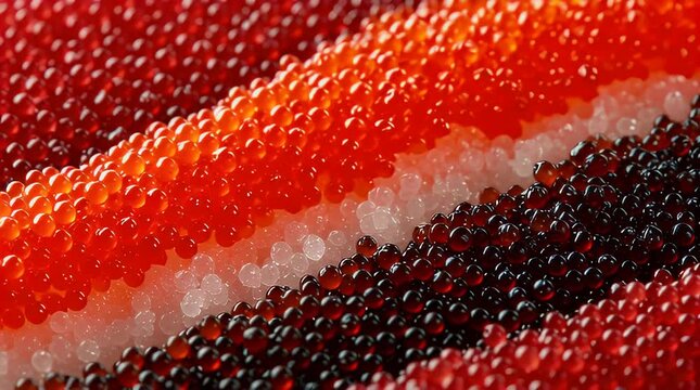 Macro view of layered salmon roe, red caviar, and black caviar on a luxurious surface