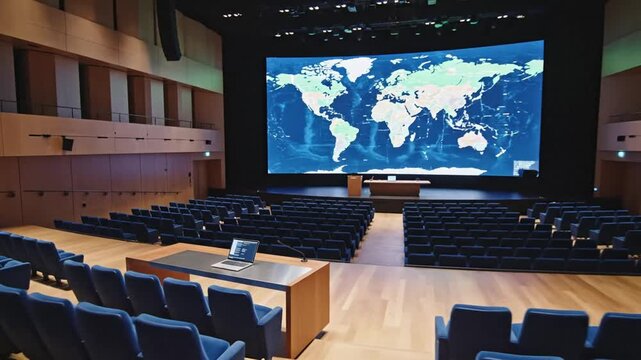 Cinematic slow-motion view of a deserted modern university lecture hall featuring a luminous digital screen with global map, wooden podium, and empty seating rows in an academic auditorium.
