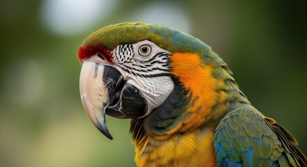 Close-up portrait of a vibrant Blue-and-yellow macaw parrot showcasing its colorful feathers and distinctive beak in nature, tropical bird portrait.
