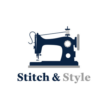 A dark blue vintage sewing machine illustration with text beneath on a white background