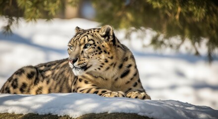 Fototapeta premium Magnificent snow leopard resting on snowy ground, a beautiful wild animal in winter habitat, looking alert in natural light.