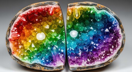 Naklejka premium Vibrant Rainbow Geode Quartz Crystal halves revealing colorful mineral gemstone formation.