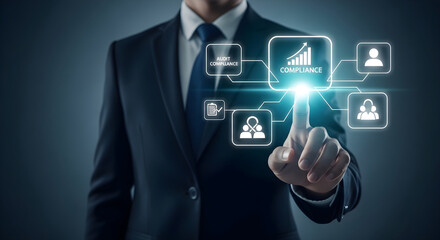 Businessman pointing at digital compliance and audit icons on screen regulation