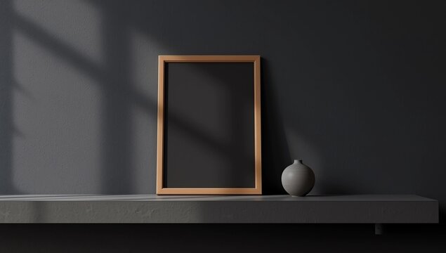 Vertical wooden photo frame mockup on dark paneled wall shelf 